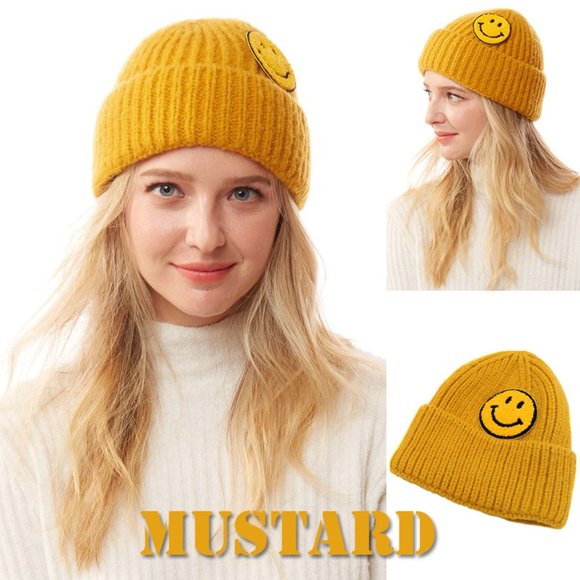 NEW Smile Smiley Happy Face Patch Cozy Soft Rib Knit Beanie Hat Ivory Black Gray - Picture 8 of 14